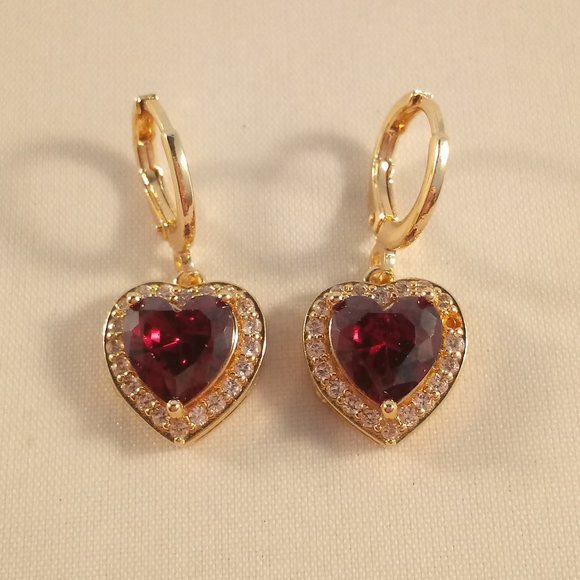 18K Yellow Gold Filled Garnet Red Diamond Zircon Heart Dangle Earrings 1.71ctw - Picture 2 of 3